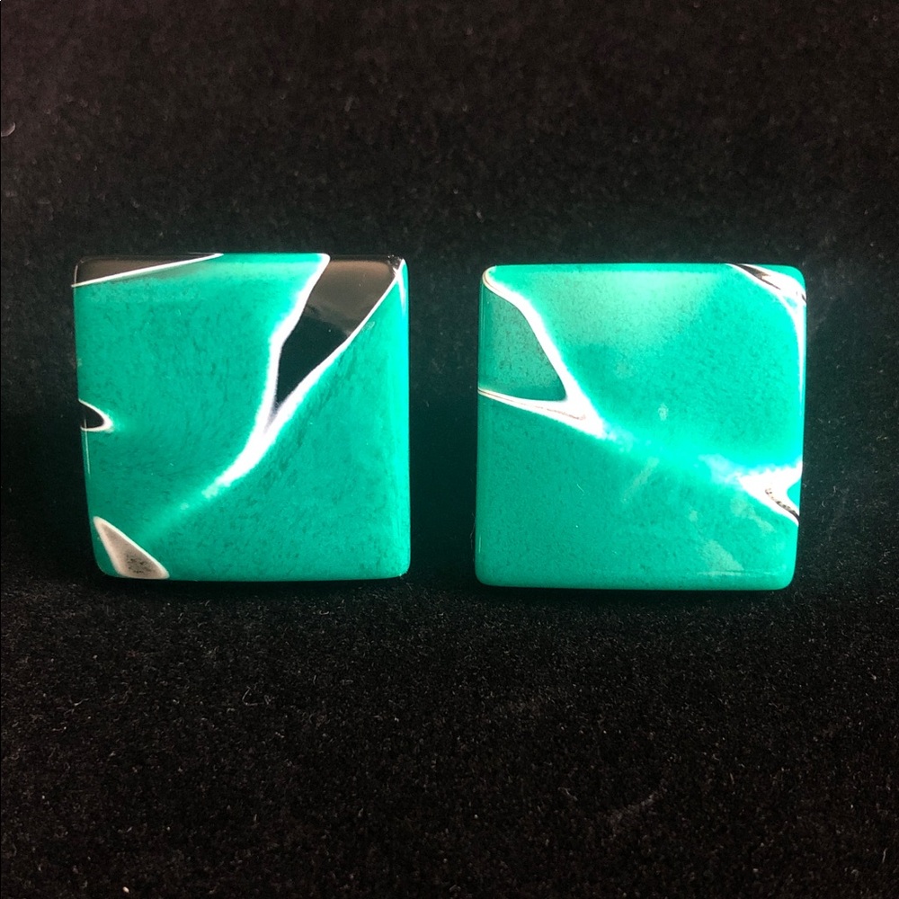 Green Square Stud Earrings Abstract Marble Look